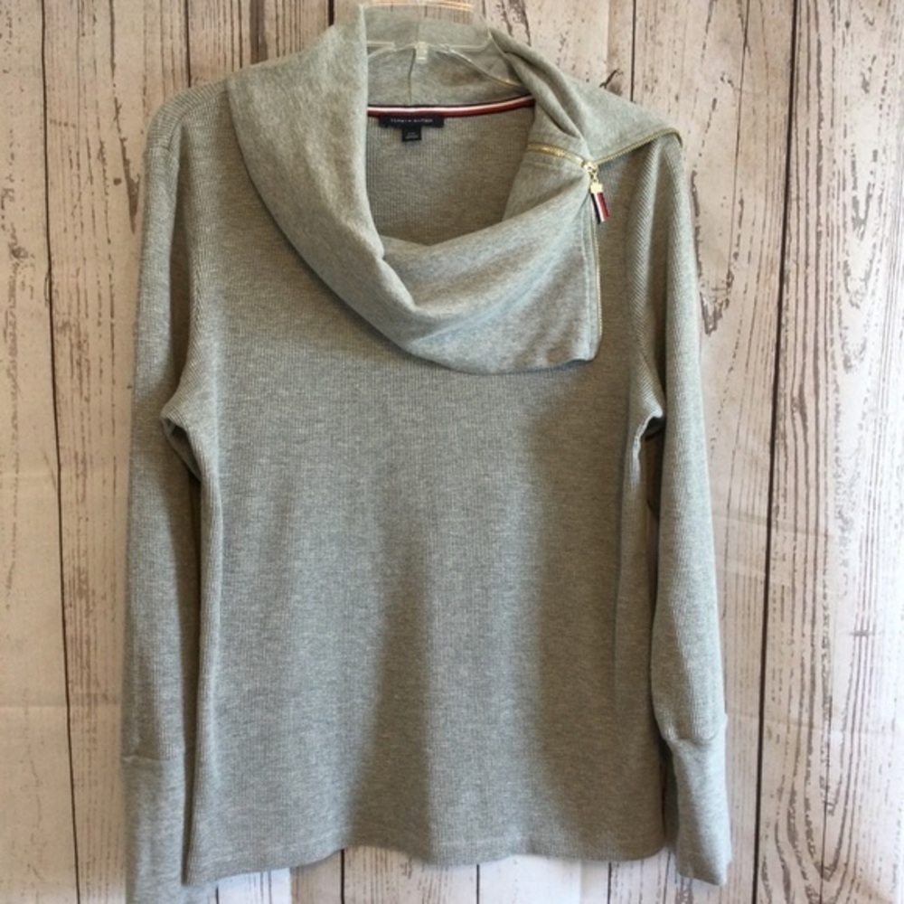 Tommy Hilfiger Women's Gray Long Sleeve Chic Knit Top Zip Neck Size Large